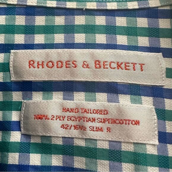 Rhodes & Beckett Green/Blue Plaid Long Sleeve‎ Dress Shirt Size 42 / 16.5 Slim - Picture 2 of 6